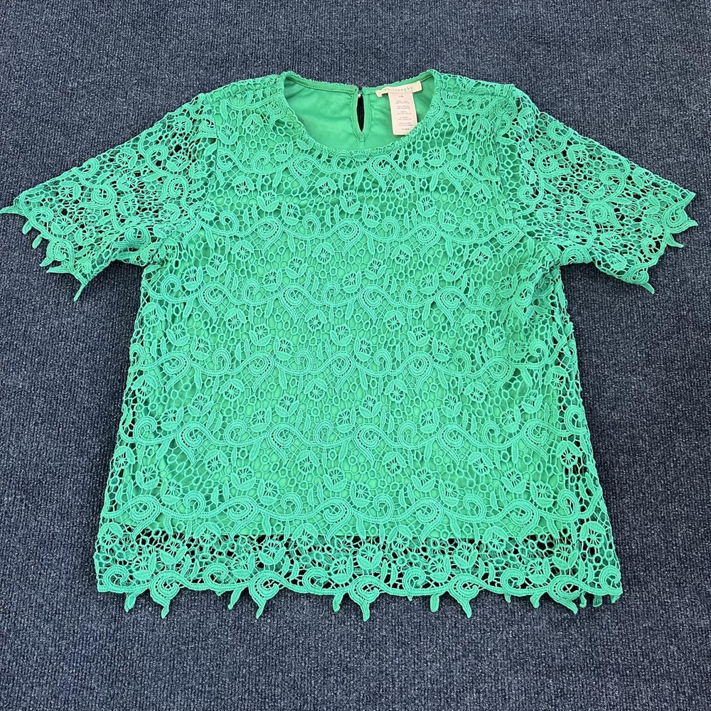 Philosophy Lace Top Womens Large Emerald Green Short Sleeve Lined Blouse Shirt
